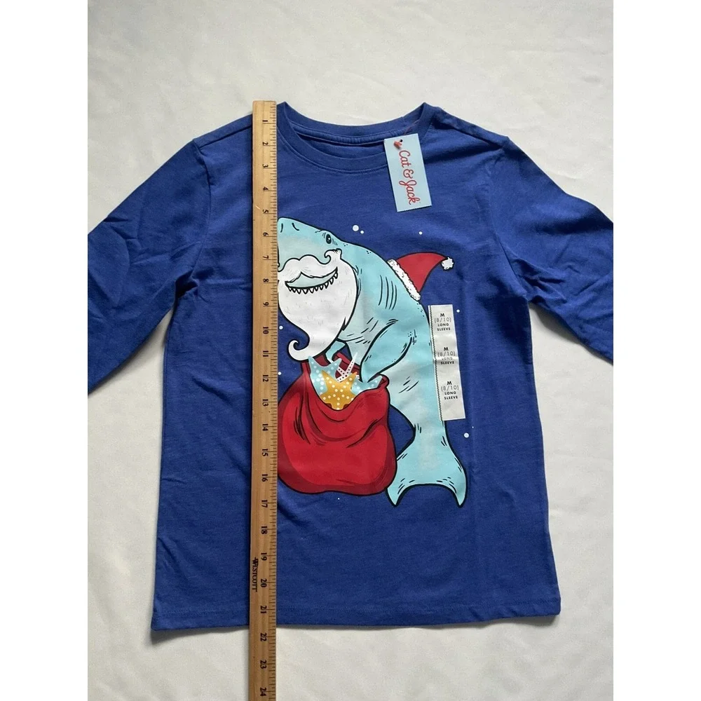 Cat & Jack  Blue Long Sleeve Tee With Shark Graphic Holiday Size‎ M 8/10